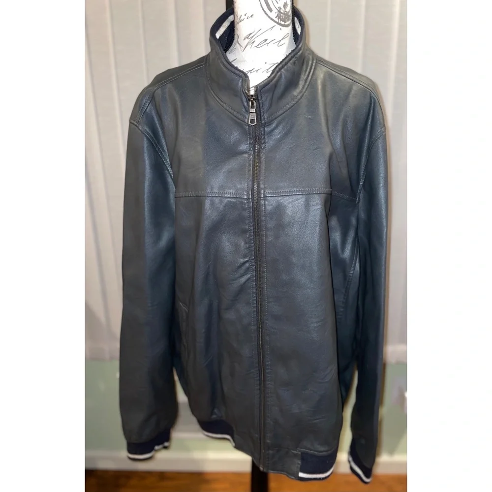 Men’s Gray Leather Motorcycle Jacket Tommy Hilfiger Coat Plus Size 2X - Picture 6 of 8